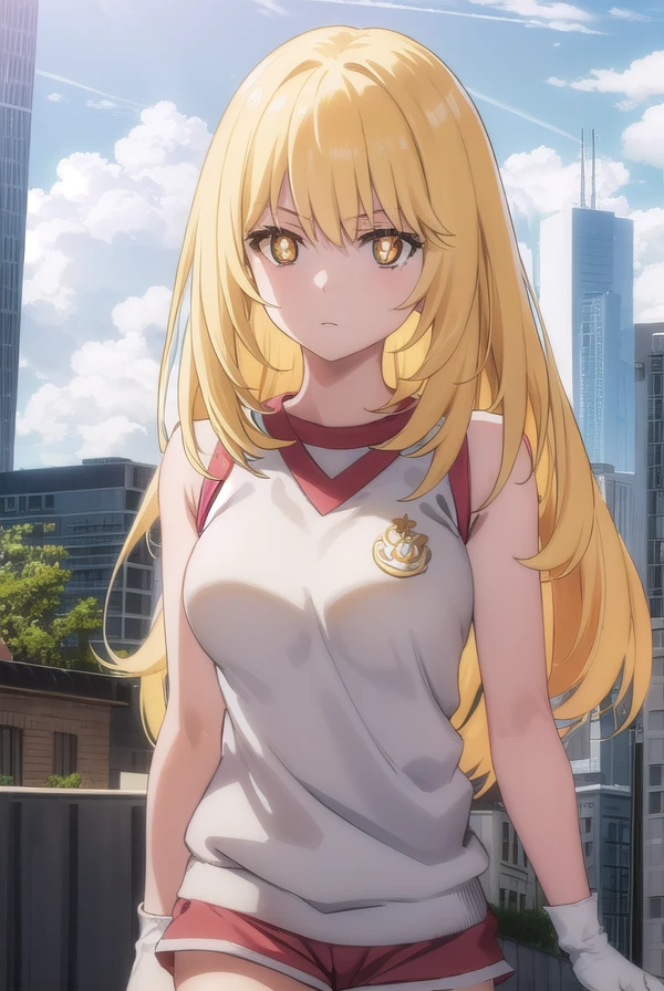 misakishokuhou, <lora:misaki shokuhou s3-lora-nochekaiser:1>,
misaki shokuhou, blonde hair, hair between eyes, long hair, (symbol-shaped pupils:1.5), + +, (yellow eyes:1.5), (medium breasts:1.2),
BREAK bare shoulders, gloves, gym shirt, gym shorts, gym uniform, shirt, short shorts, shorts, sleeveless, sleeveless shirt, thighhighs, tokiwadai school gym uniform, white gloves, white shirt, white shorts, white thighhighs,
BREAK outdoor, city, sky, sun, clouds,
BREAK looking at viewer, (cowboy shot:1.5),
BREAK <lyco:GoodHands-beta2:1>, (masterpiece:1.2), best quality, high resolution, unity 8k wallpaper, (illustration:0.8), (beautiful detailed eyes:1.6), extremely detailed face, perfect lighting, extremely detailed CG, (perfect hands, perfect anatomy),