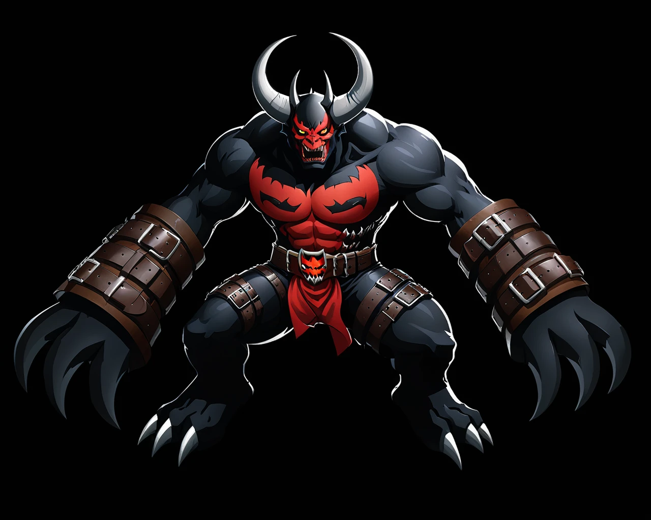 a demon beast covered in belts,simple background,black background,art by ncrender, <lora:NCRenderV3:1>