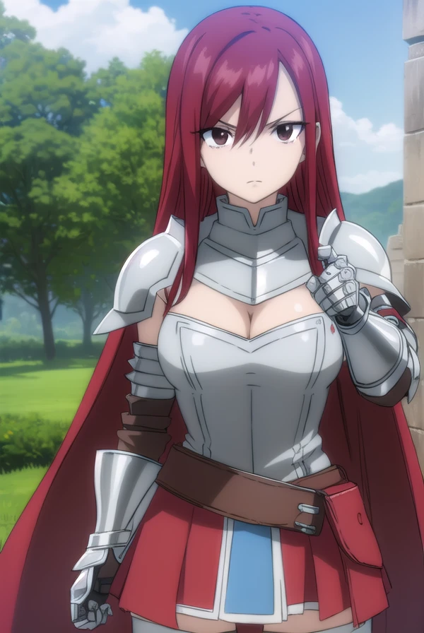 erzascarlet, <lora:erzascarlet-lora-nochekaiser:1>,
erza scarlet, long hair, (red hair:1.5), hair between eyes, (brown eyes:1.5),
skirt, thighhighs, cleavage, boots, belt, sword, cape, armor, gauntlets, armored boots, greaves, knight,
BREAK outdoors, castle, sky, cloud, sun, forest,
BREAK looking at viewer, (cowboy shot:1.5),
BREAK <lyco:GoodHands-beta2:1>, (masterpiece:1.2), best quality, high resolution, unity 8k wallpaper, (illustration:0.8), (beautiful detailed eyes:1.6), extremely detailed face, perfect lighting, extremely detailed CG, (perfect hands, perfect anatomy),