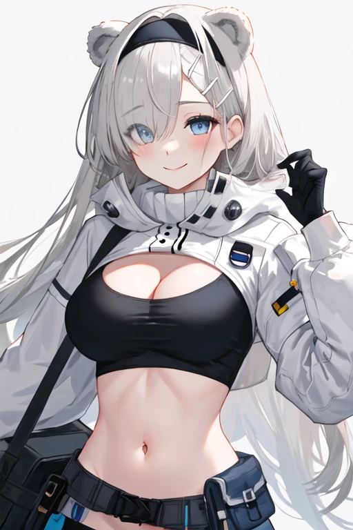 best quality, masterpiece, highres, solo, {aurora_arknights:1.15}, animal_ears, bear_ears, long_hair, blue_eyes, hairband, black_hairband, hair_over_one_eye, bangs, breasts, white_hair, upper_body, large_breasts, cleavage, blush, eyes_visible_through_hair, very_long_hair, smile, navel, hair_ornament, stomach, hairclip, grey_hair, 1girl, black_shirt, crop_top, elite_ii_\(arknights\), long_sleeves, looking_at_viewer, midriff, pouch, shirt, shrug_\(clothing\), simple_background, white_background
