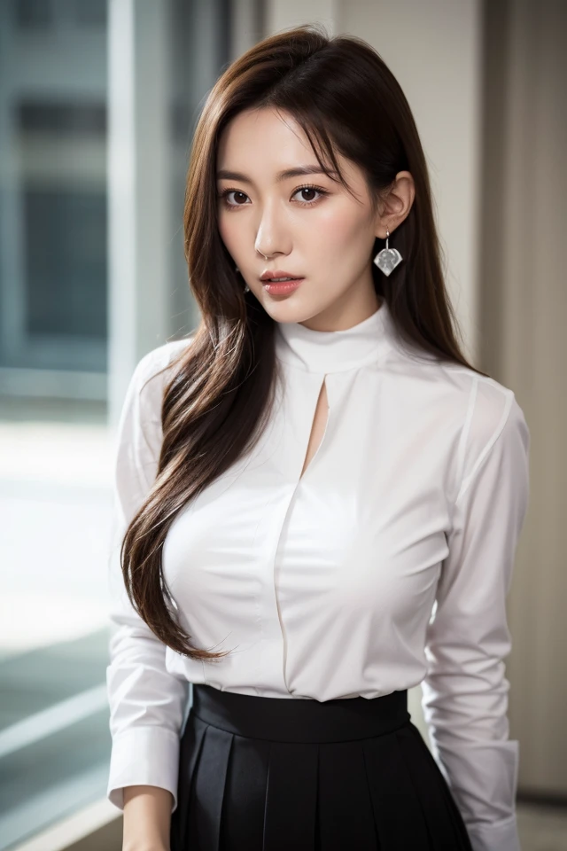 Li Yunsi,1girl,pleated skirt,turtleneck,earrings,brown hair,long hair,brown eyes,(white shirt:1.5),best quality,masterpiece,illustration,an extremely delicate and beautiful,CG,unity,8k wallpaper,Amazing,finely detail,masterpiece,official art,extremely detailed CG unity 8k wallpaper,incredibly absurdres,huge filesize,ultra-detailed,highres,extremely detailed,beautiful detailed girl,realistic,full frontal,<lora:Li Yunsi_20231113031252:0.8>,full body,