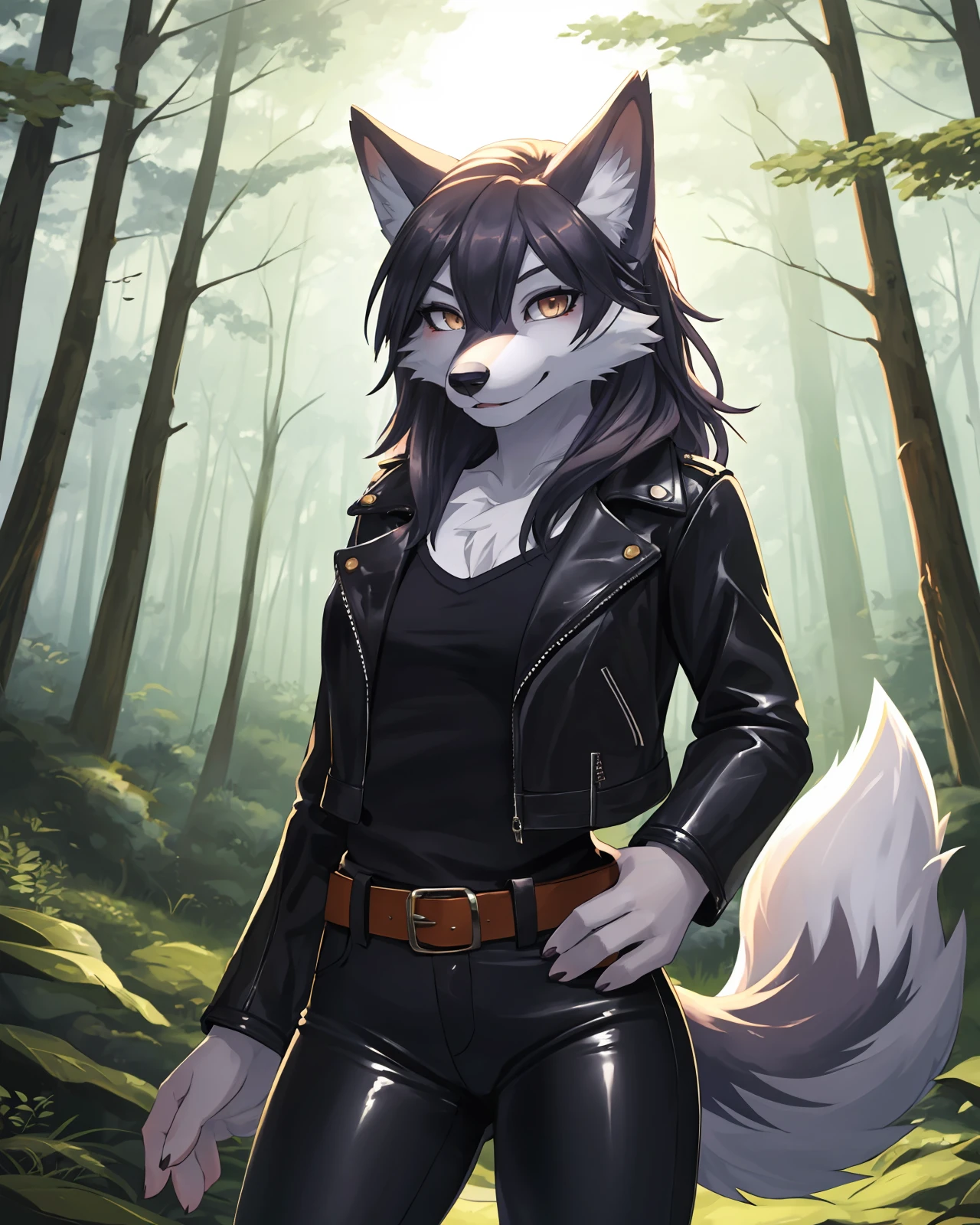 1girl, solo, masterpiece, wolf girl, furry, anthro, body fur, wolf tail, outdoors, scenery, forest, leather jacket, leather pants, belt,