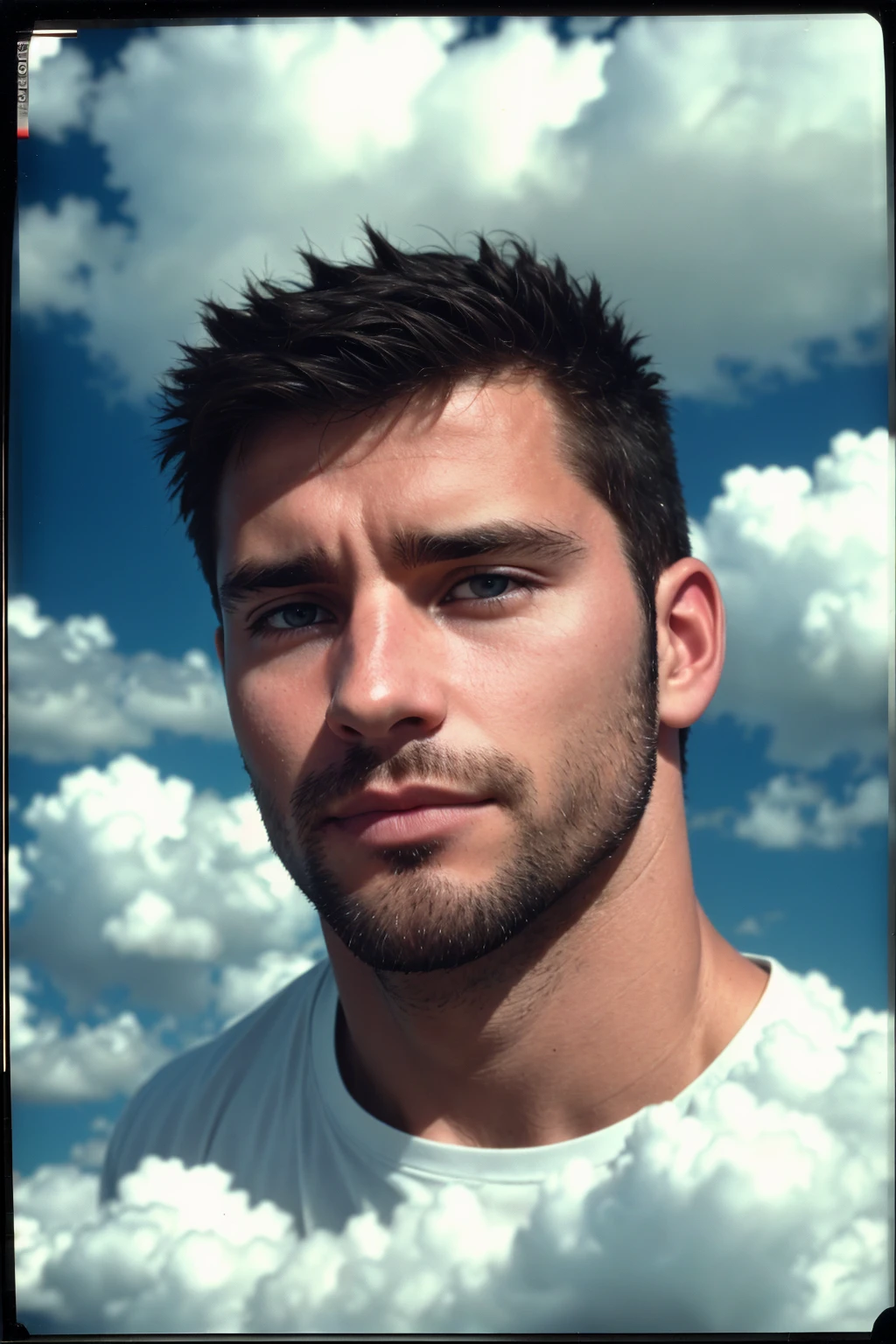 polaroid photograph of a 35 year old male, surrounded by (clouds), (sharp focus, cinematic, film grain), skin texture, portrait,