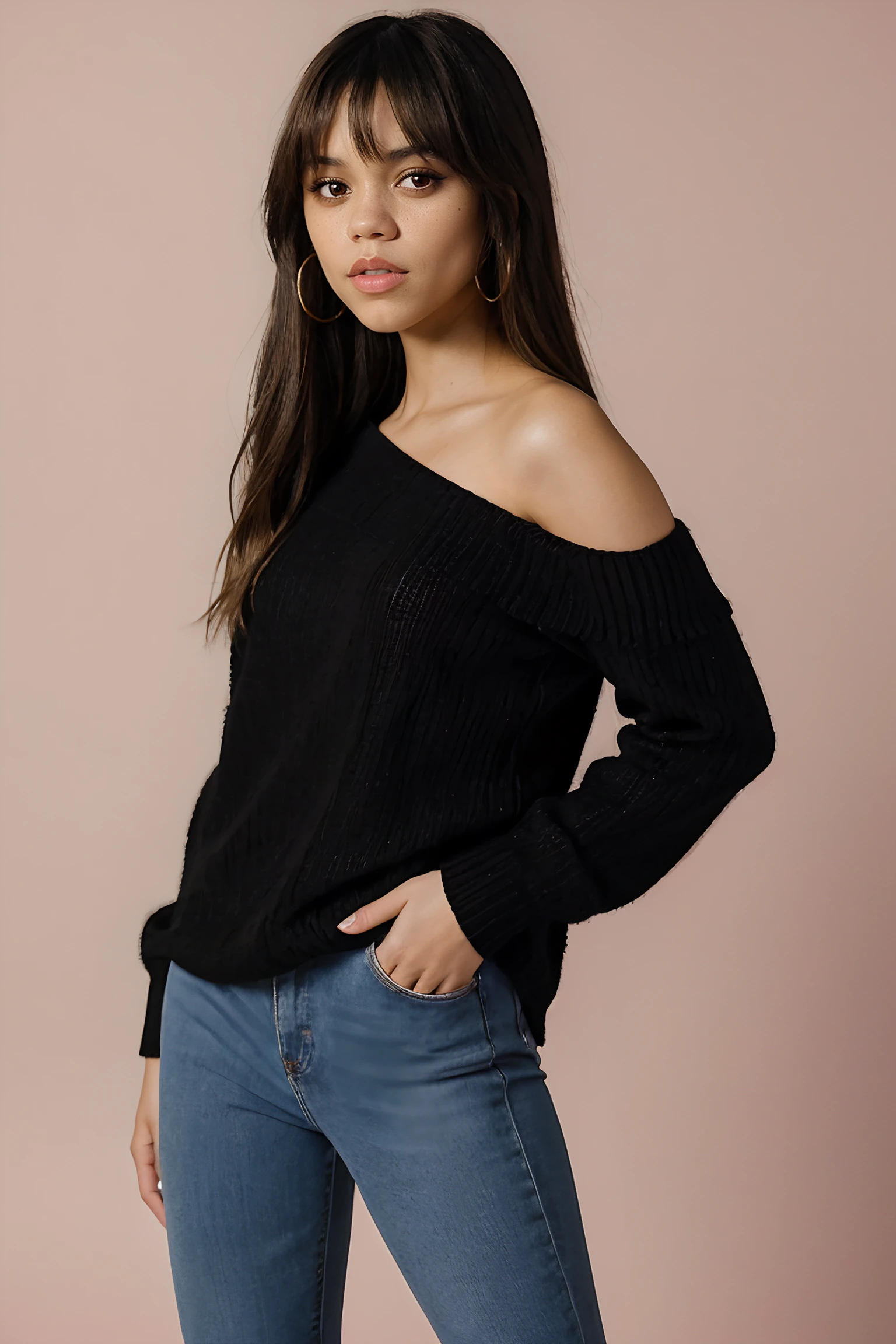 jenna orterga, jenna_ortega_v3 wearing one shoulder sweater, skinny, long hair, bangs,
black one shoulder sweater with pink detailing,
medium shot, upper body, studio background, mid-twenty, age:21, 21 year old, model pose, close up,
<lora:Jenna_Ortega_V3:0.7>,
