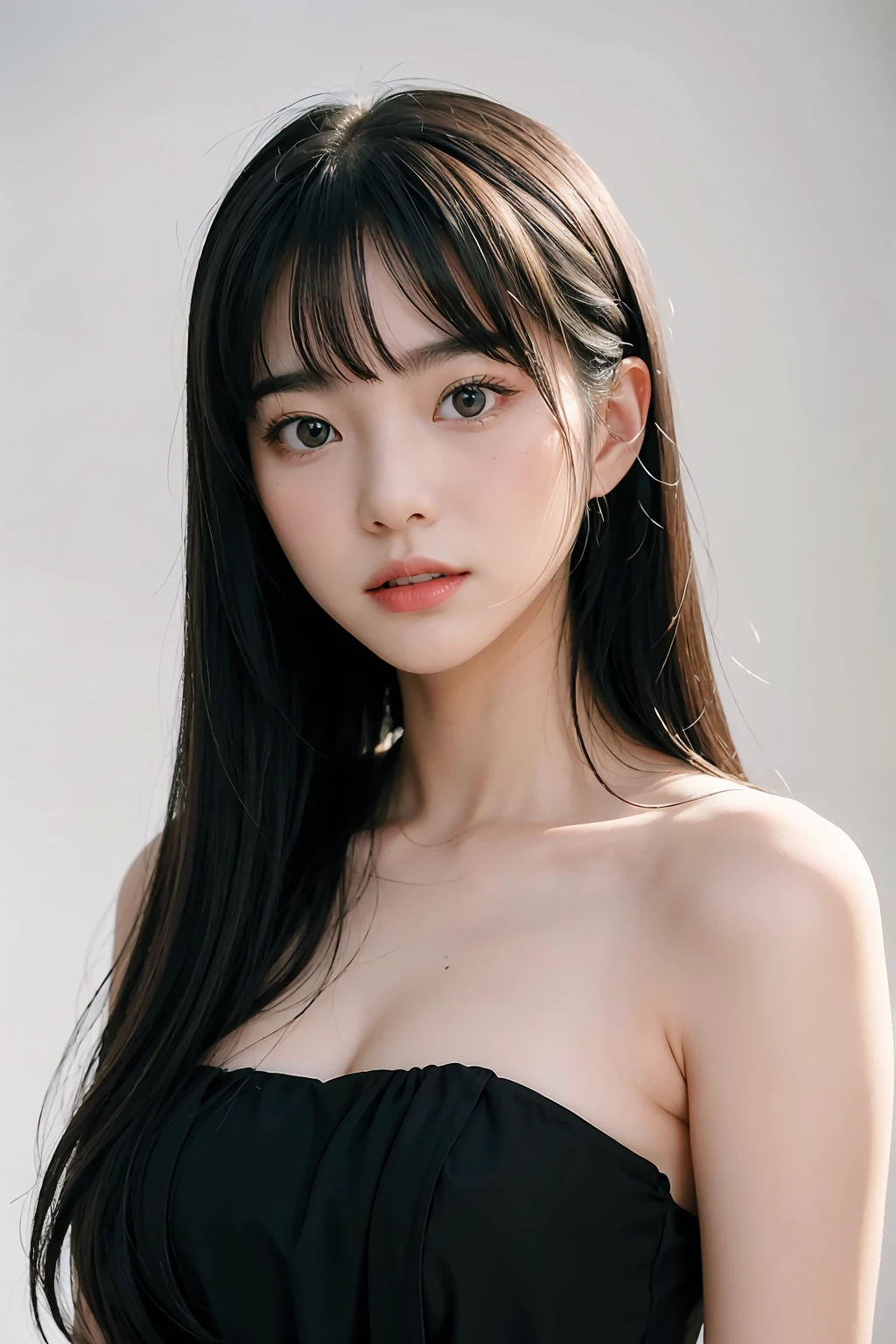 (Hight Resolution:1.3), (8K, Photorealcitic, Raw-Photo, The highest image quality: 1.4), Japanese people, (1girll), beautifull face, (vivid bangs、middle way hair:1.3), beautiful hairstyle, RealisticEyes, beautiful-detailed eyes, (Real looking skin), Beautiful skins, Enticing, 超High resolution A, A hyper-realistic, hoog detail, Golden proportions,looking at the photographer、