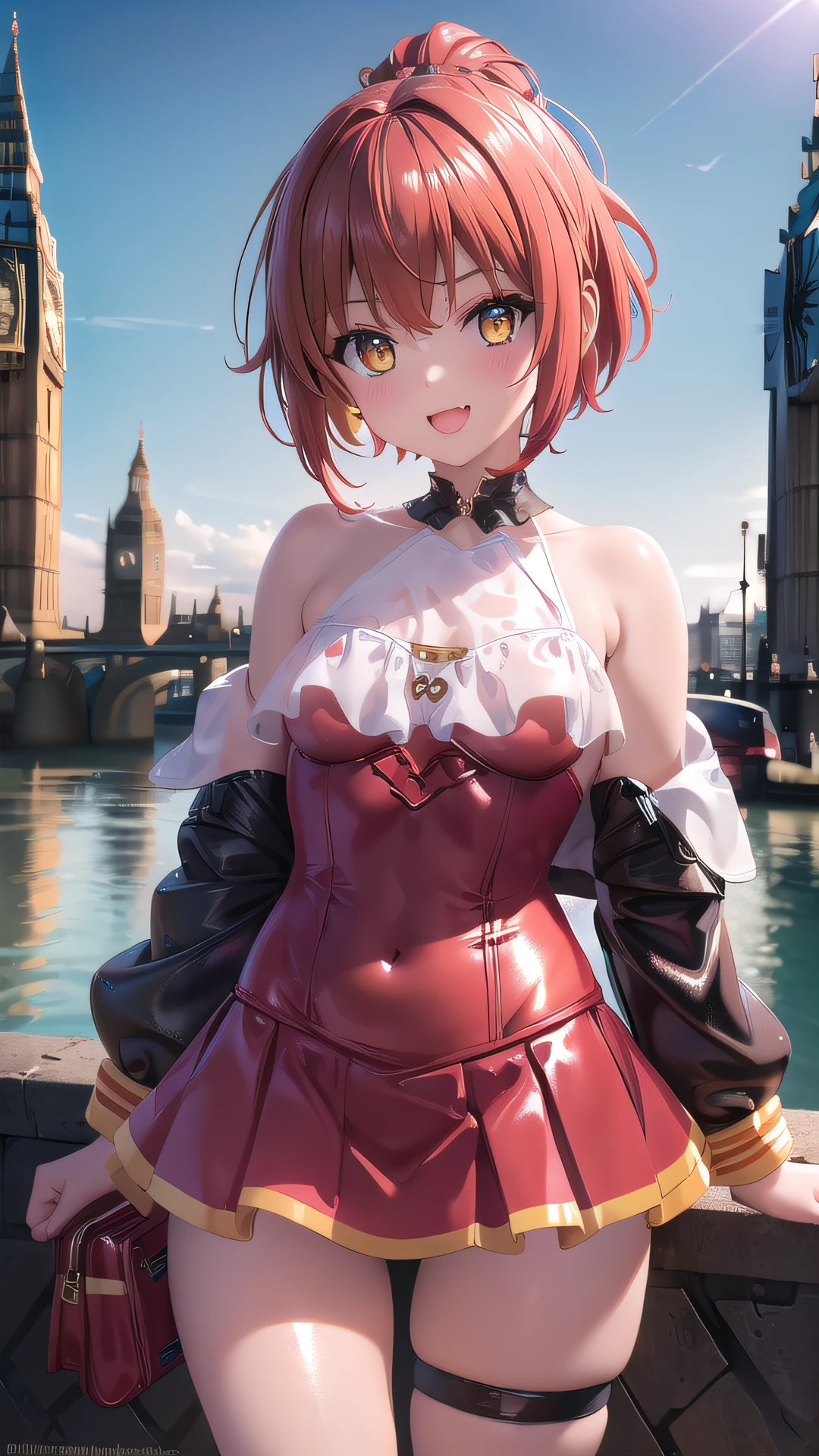 one cute girl,solo,short stature,(yellow eyes,crimson hair),midium short hair tied up,tied hair,Hair bounced to the side,hair intake,hair between eyes,tiny chest,flat chest,((brown skin)),
crimson blouse,reddish brown corset,crimson long sleeves,brown long skirt,torn crimson tights,goddess Athena,minerva,off shoulder bikini,
open mouth,smile,shiny skin,high resolution,(symmetrical clear eyes:1.3),
(((london background))),sense of depth,4k,absurdres,dynamic pose,dynamic angle,best quality,masterpiece,Detailed illustration,Destructive art,opulent,(Ray Tracing,Illustrated,Reflected Light),