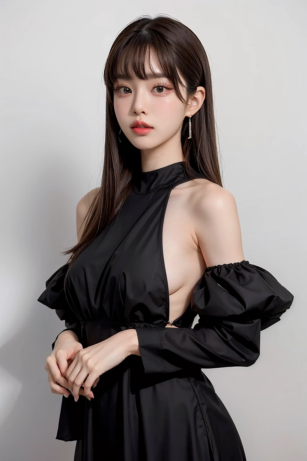 1girl,hair with bangs,black long dress, ,white background, <lora:Gracekanklao-02:1>