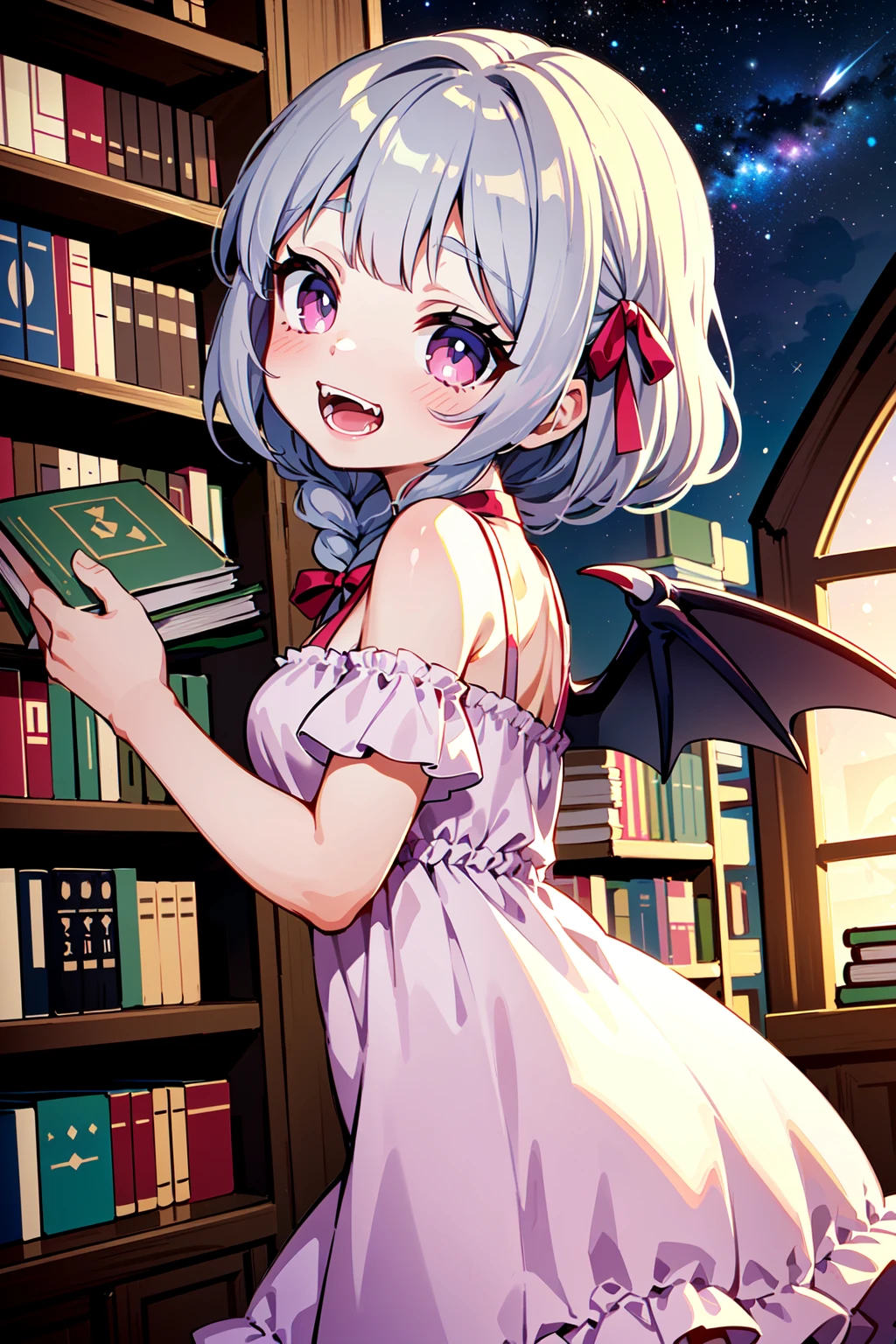 (best quality, masterpiece:1.1), cowboy shot, dynamic angle, looking back, looking up, (1female), ecstasy face, grey hair, asymmetrical bangs, curly hair, single braid, pink colored hair ribbon, (fangs), (vampire), bet wings, nightdress, casual, ((room full of scattered books), distant city lights, starry sky, nebula),