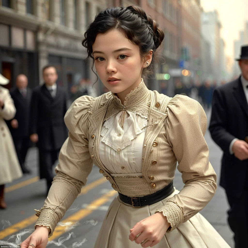 medium shot, dynamic angle, action photo, dynamic pose, depth of field, bokeh, film grain, perspective, foreshortening, colorized, tinted, vintage candid photo of a distraught woman wearing a practical plain white jacket and black skirt crawling on the sidewalk in a crowd outside the destruction of New richmond Wisonsin City Hall, smoking rubble in the background, comforted by friends, bright sun, detailed face, hair in a messy bun, breasts
<lora:1890_dress_v1:1> 1890_dr3ss