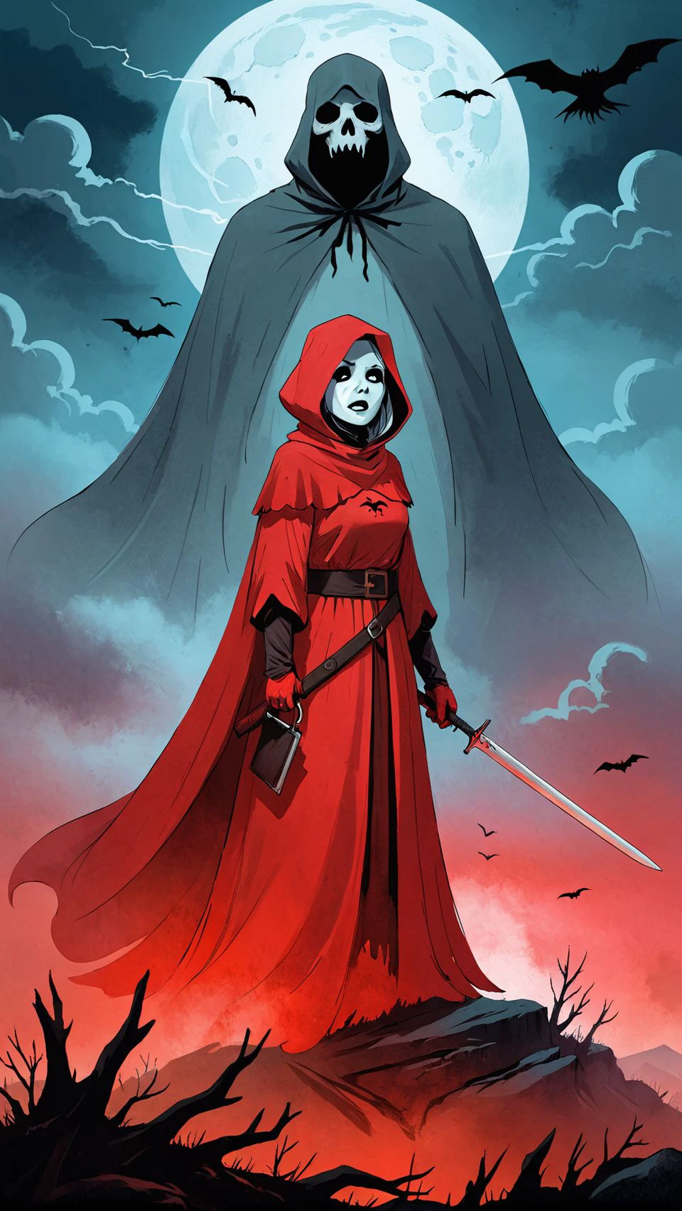epic cover for a book, (novel illustration:1.2), horror \(theme\), gore, (masterpiece, best quality), trashers, red sky, red_clouds, ghost, Phantom, dark theme,