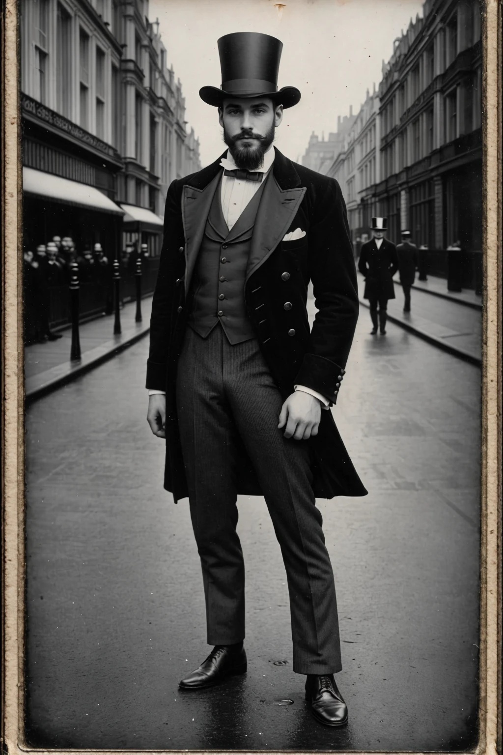 1920s daguerreotype of a male, wearing a coat and top hat, in a city street, (london), beard,