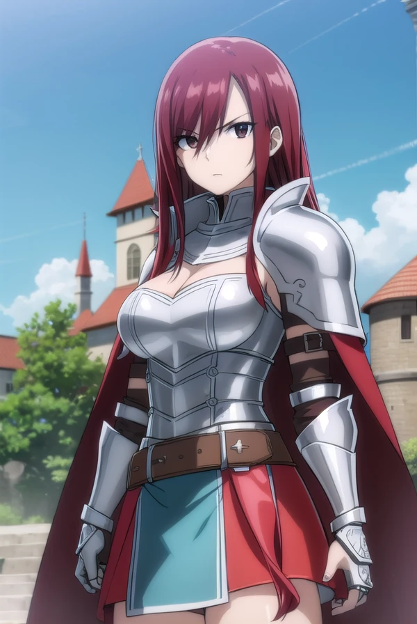 erzascarlet, <lora:erzascarlet-lora-nochekaiser:1>,
erza scarlet, long hair, (red hair:1.5), hair between eyes, (brown eyes:1.5),
skirt, thighhighs, cleavage, boots, belt, sword, cape, armor, gauntlets, armored boots, greaves, knight,
BREAK outdoors, castle, sky, cloud, sun, forest,
BREAK looking at viewer, (cowboy shot:1.5),
BREAK <lyco:GoodHands-beta2:1>, (masterpiece:1.2), best quality, high resolution, unity 8k wallpaper, (illustration:0.8), (beautiful detailed eyes:1.6), extremely detailed face, perfect lighting, extremely detailed CG, (perfect hands, perfect anatomy),