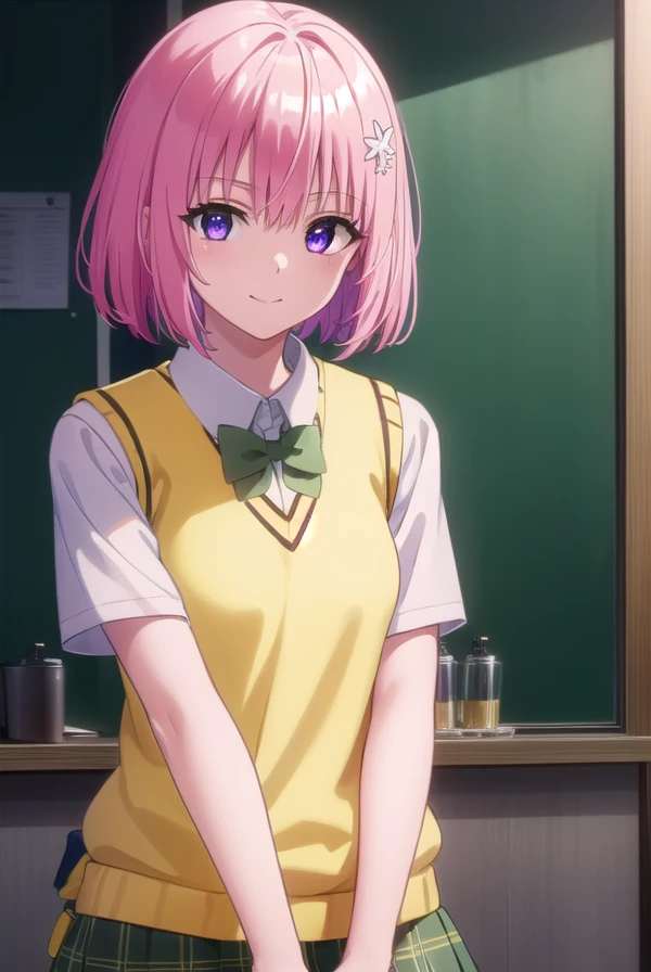 momodevilluke, <lora:momo deviluke darkness-lora-nochekaiser:1>,
momo deviluke, demon tail, hair flower, hair ornament, (purple eyes:1.1), pink hair, short hair, tail, smile,
BREAK demon tail, green skirt, plaid, plaid skirt, sainan high school uniform, school uniform, skirt, sweater vest, thighhighs, (yellow sweater:1.5), short sleeves, bow, (green bow:1.5),
BREAK indoors, classroom,
BREAK looking at viewer, (cowboy shot:1.5),
BREAK <lyco:GoodHands-beta2:1>, (masterpiece:1.2), best quality, high resolution, unity 8k wallpaper, (illustration:0.8), (beautiful detailed eyes:1.6), extremely detailed face, perfect lighting, extremely detailed CG, (perfect hands, perfect anatomy),