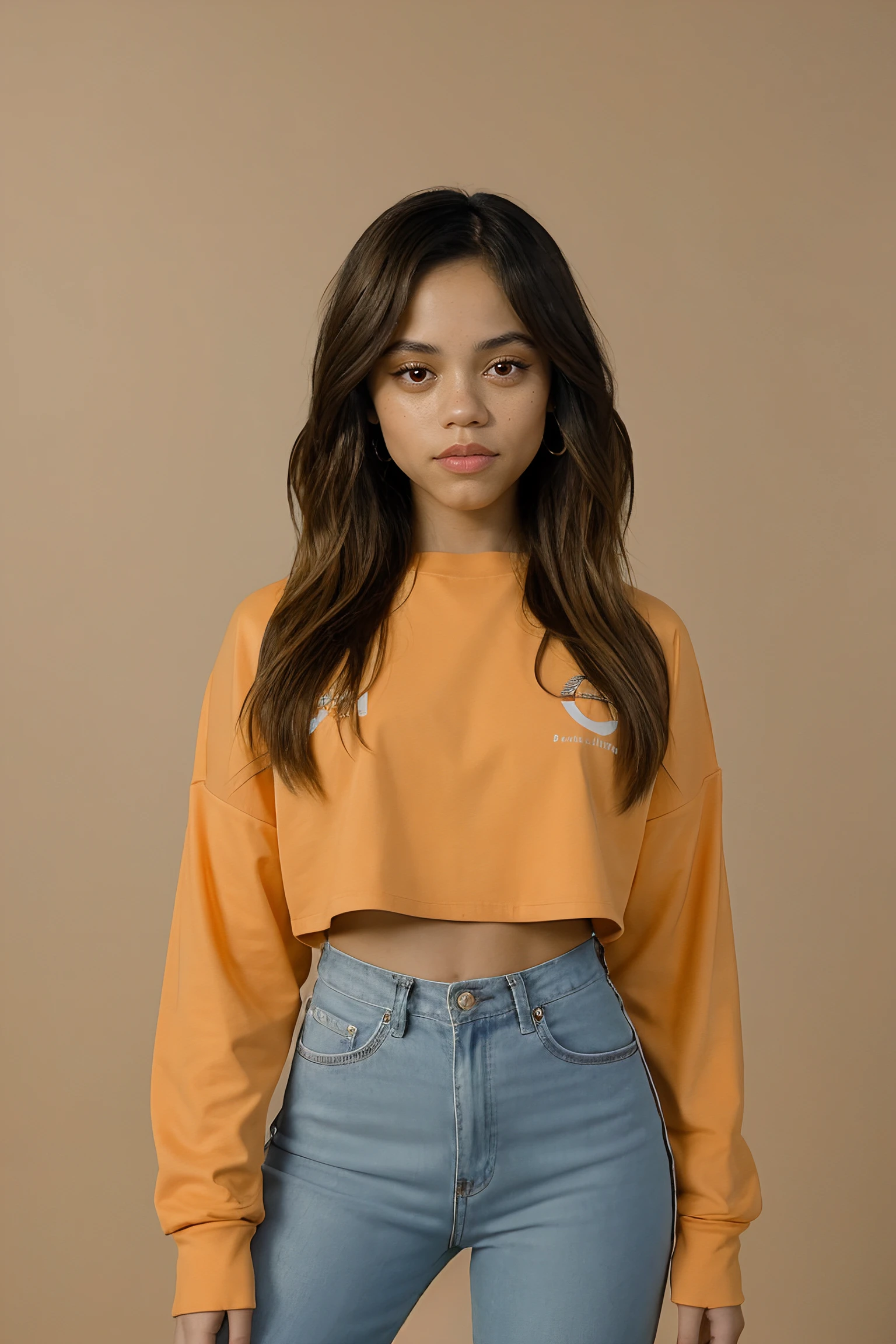 jenna orterga, jenna_ortega_v3 wearing long sleeve crop top, skinny, medium hair, 
orange long sleeve crop top, 
medium shot, upper body, studio background, mid-twenty, age:21, 21 year old, model pose, close up, 
<lora:Jenna_Ortega_V3:0.7>,
