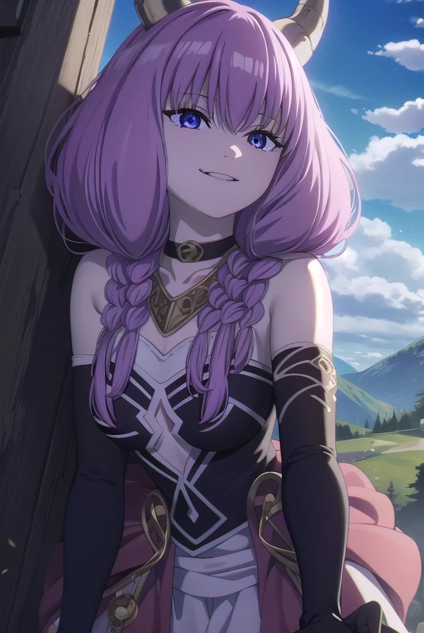 aura the guillotine, <lora:aura the guillotine s1-lora-nochekaiser:1>,
aura the guillotine, long hair, (purple eyes:1.1), purple hair, braid, horns, twin braids, smile,
skirt, thighhighs, gloves, choker, black gloves, elbow gloves, magical girl,
BREAK outdoors, park, sun, sky, cloud,
BREAK looking at viewer,
BREAK <lyco:GoodHands-beta2:1>, (masterpiece:1.2), best quality, high resolution, unity 8k wallpaper, (illustration:0.8), (beautiful detailed eyes:1.6), extremely detailed face, perfect lighting, extremely detailed CG, (perfect hands, perfect anatomy),