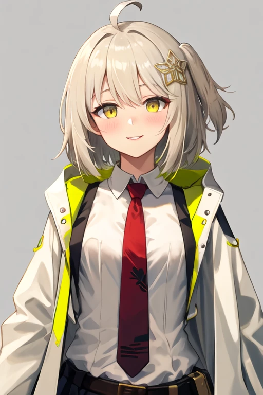 best quality, masterpiece, highres, solo, {scene_arknights:1.15}, bangs, ahoge, hair_ornament, short_hair, yellow_eyes, necktie, red_necktie, one_side_up, upper_body, closed_mouth, vest, brown_vest, blush, 1girl, collared_shirt, hair_between_eyes, jacket, looking_at_viewer, shirt, simple_background, white_background, white_jacket, white_shirt, hood, open_clothes, open_jacket, hooded_jacket, parted_lips, smile