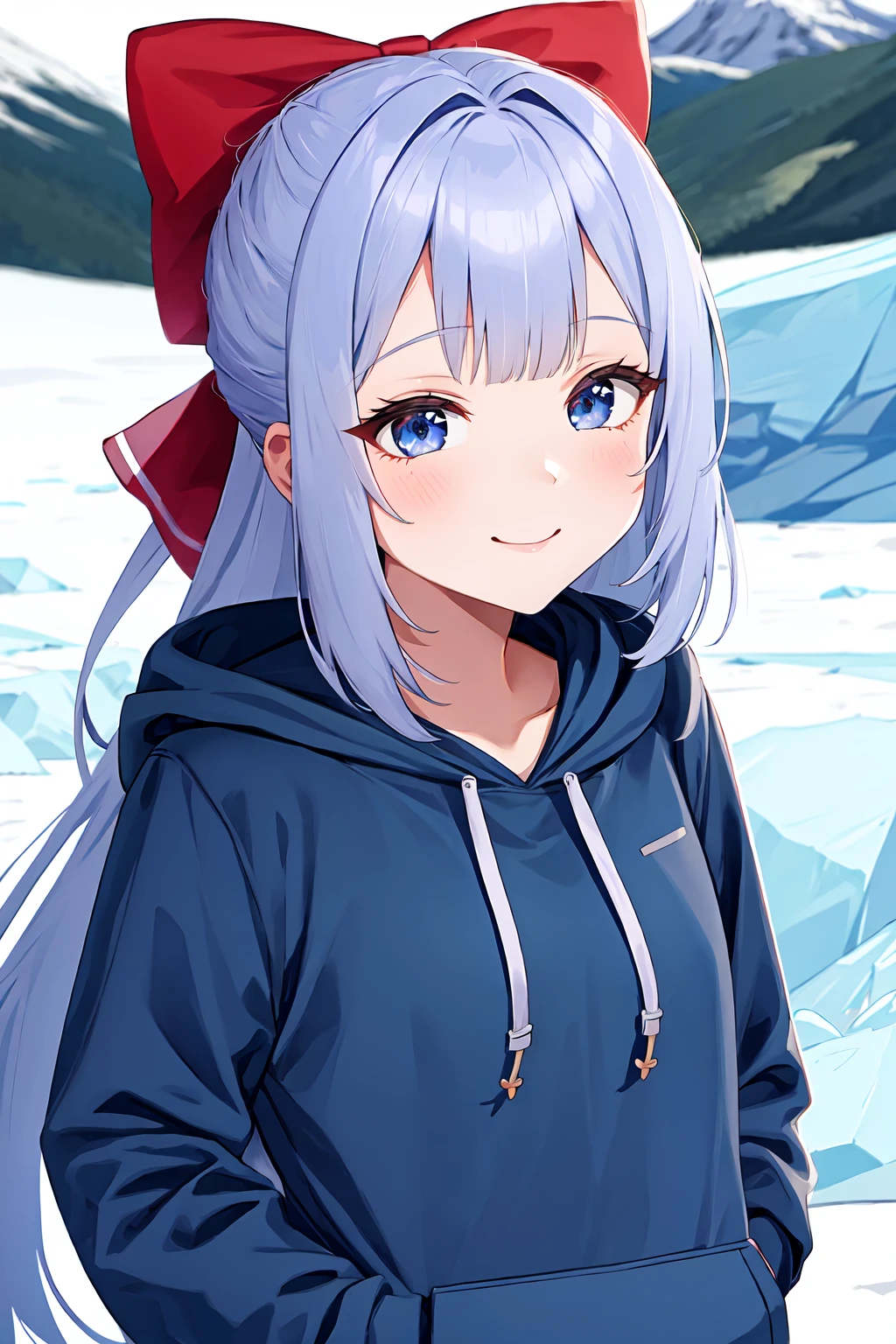 best quality, ultra-detailed, (1girl, solo, <lyco:hair_bow_back_of_head-v1:1>, hrbwonboh, hair bow, hoodie ,, , naughty smile, ), on a glacier