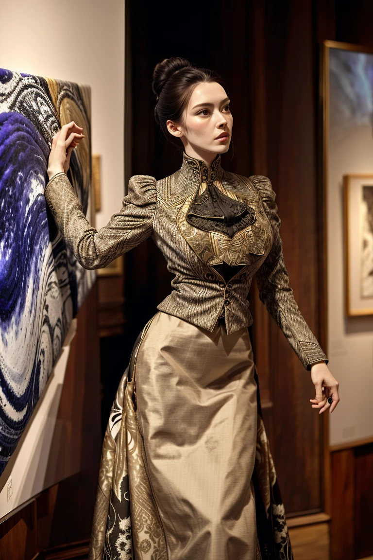 from above, medium shot, cowboy shot of a tall, extremely beautiful slender woman wearing a tight-fitting, detailed fabric, high-neck wool and silk dress, jacket, skirt, full bust, (big breasts:1.3), small waist, big ass, detailed face, hair in bun, looking at a gigantic canvas in an abstract expressionist art show at a galleryat the World's Fair in Paris in 1899 <lora:1890_dress_v1:1> 1890_dr3ss