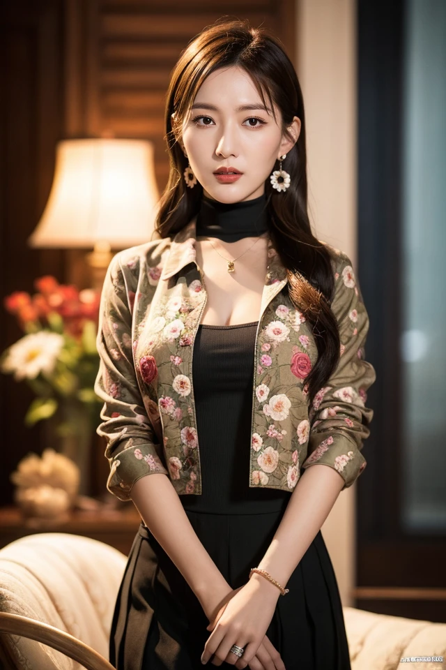 Li Yunsi,1girl,pleated skirt,jewelry,turtleneck,earrings,brown hair,necklace,long hair,brown eyes,(floral shirt:1.2),shirt,best quality,masterpiece,illustration,an extremely delicate and beautiful,CG,unity,8k wallpaper,Amazing,finely detail,masterpiece,official art,extremely detailed CG unity 8k wallpaper,incredibly absurdres,huge filesize,ultra-detailed,highres,extremely detailed,beautiful detailed girl,realistic,full frontal,<lora:Li Yunsi_20231113031252:0.8>,full body,