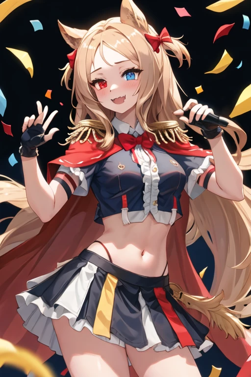 best quality, masterpiece, highres, solo, {archetto_arknights:1.15}, long_hair, animal_ears, blonde_hair, red_eyes, blue_eyes, heterochromia, blush, smile, open_mouth, upper_body, cape, red_cape, breasts, 1girl, :d, bow, gloves, infection_monitor_\(arknights\), looking_at_viewer, official_alternate_costume, red_bow, short_sleeves, white_gloves, bowtie, fingerless_gloves, shirt, skirt, crop_top, epaulettes, fang, midriff, navel, red_bowtie, skin_fang, two_side_up, white_skirt, confetti, frilled_sleeves, hair_bow, very_long_hair, blue_jacket, frills