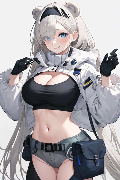 best quality, masterpiece, highres, solo, {aurora_arknights:1.15}, animal_ears, bear_ears, long_hair, blue_eyes, hairband, black_hairband, hair_over_one_eye, bangs, breasts, white_hair, upper_body, large_breasts, cleavage, blush, eyes_visible_through_hair, very_long_hair, smile, navel, hair_ornament, stomach, hairclip, grey_hair, 1girl, cleavage_cutout, clothing_cutout, jacket, looking_at_viewer, white_jacket, simple_background, gloves