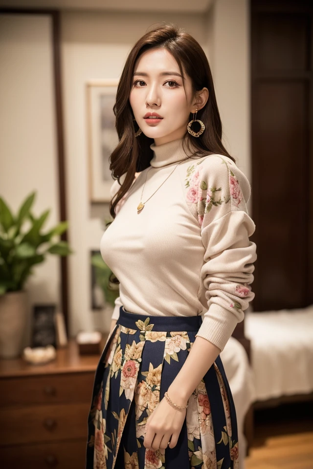 Li Yunsi,1girl,pleated skirt,jewelry,turtleneck,earrings,brown hair,necklace,long hair,brown eyes,(floral shirt:1.2),shirt,best quality,masterpiece,illustration,an extremely delicate and beautiful,CG,unity,8k wallpaper,Amazing,finely detail,masterpiece,official art,extremely detailed CG unity 8k wallpaper,incredibly absurdres,huge filesize,ultra-detailed,highres,extremely detailed,beautiful detailed girl,realistic,full frontal,<lora:Li Yunsi_20231113031252:0.8>,full body,
