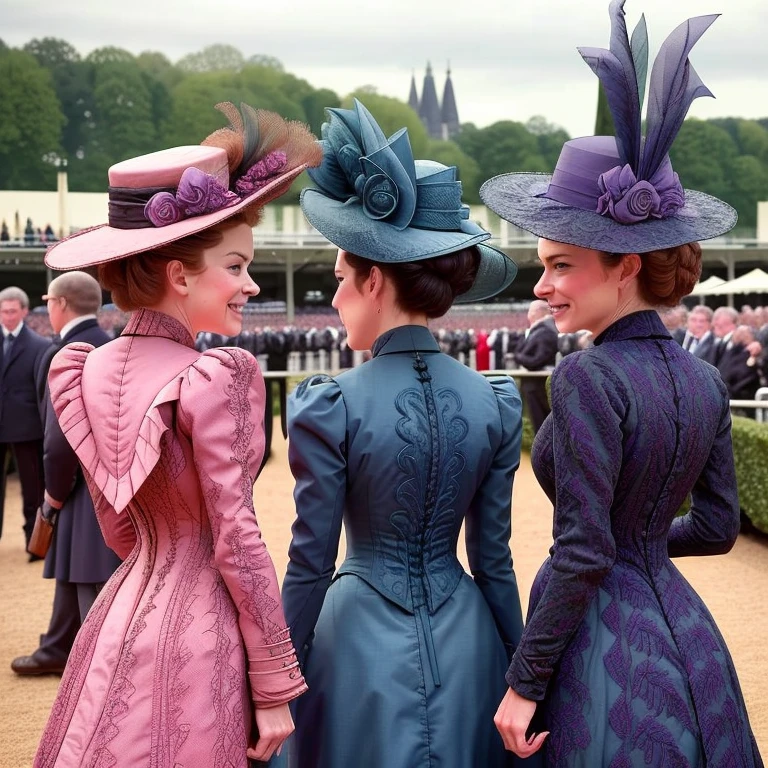from behind, masterpiece, uhd, depth of field, sharp color  photo of a three beautiful women wearing long intricate [tight-fitting] dresses, jackets and large hats, at the Longchamp horse races, crowd in background,   detailed clothes, <lora:twisted_torso_v0.1:0.7> (twisted torso, looking at viewer, looking back), big breasts, small waists, detailed faces, puffy shoulders, <lora:1890_dress_v1:1> 1890_dr3ss, smiles, from behind, ass crack