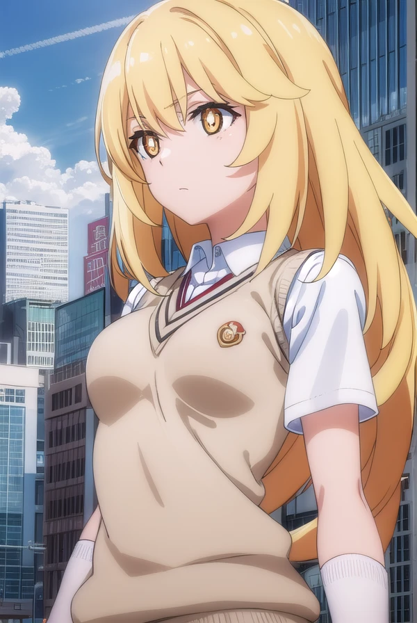 misakishokuhou, <lora:misaki shokuhou s3-lora-nochekaiser:1>, 
misaki shokuhou, blonde hair, hair between eyes, long hair, (symbol-shaped pupils:1.5), + +, (yellow eyes:1.5), (medium breasts:1.2),
BREAK elbow gloves, gloves, school uniform, short sleeves, summer uniform, sweater vest, tokiwadai school uniform, white gloves, (light brown sweater vest:1.2),
BREAK outdoor, city, sky, sun, clouds,
BREAK looking at viewer, (cowboy shot:1.5),
BREAK <lyco:GoodHands-beta2:1>, (masterpiece:1.2), best quality, high resolution, unity 8k wallpaper, (illustration:0.8), (beautiful detailed eyes:1.6), extremely detailed face, perfect lighting, extremely detailed CG, (perfect hands, perfect anatomy),