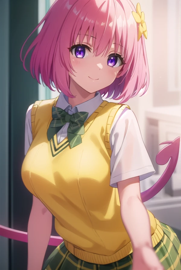 momodevilluke, <lora:momo deviluke darkness-lora-nochekaiser:1>,
momo deviluke, demon tail, hair flower, hair ornament, (purple eyes:1.1), pink hair, short hair, tail, smile,
BREAK demon tail, green skirt, plaid, plaid skirt, sainan high school uniform, school uniform, skirt, sweater vest, thighhighs, (yellow sweater:1.5), short sleeves, bow, (green bow:1.5),
BREAK indoors, classroom,
BREAK looking at viewer, (cowboy shot:1.5),
BREAK <lyco:GoodHands-beta2:1>, (masterpiece:1.2), best quality, high resolution, unity 8k wallpaper, (illustration:0.8), (beautiful detailed eyes:1.6), extremely detailed face, perfect lighting, extremely detailed CG, (perfect hands, perfect anatomy),