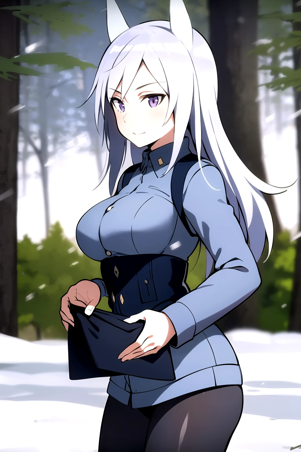 masterpiece, 1girl, aurora e. juutilainen, standing, animal ears, purple eyes, medium breasts, long silver hair, military shirt, black pantyhose, snow, outside, trees, mountains, depth of field, blurry background