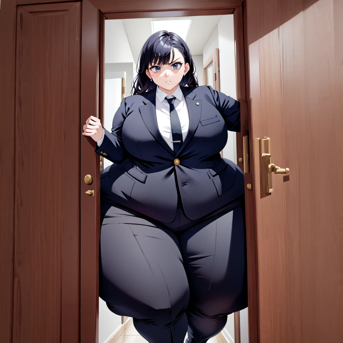 masterpiece, 1girl behind a doorway, from front, (doorstuck, stuckfront:1.3), wide hips,  thick thighs, colorful clothing, wearing suit and tie and formal pants, upset <lora:doorstuck-vada6_0-13:0.9>