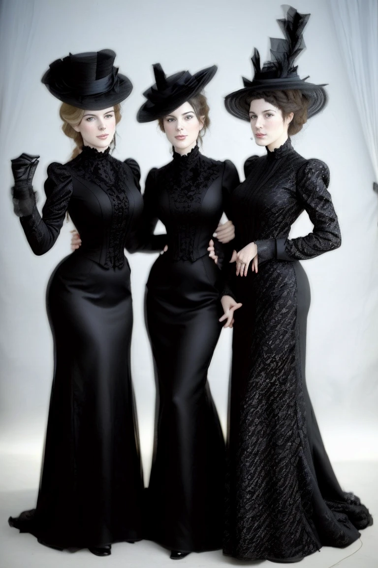 vintage photo of sexy ladies wearing black dresses and hats, posing <lora:1890_dress_v1:1> 1890_dr3ss