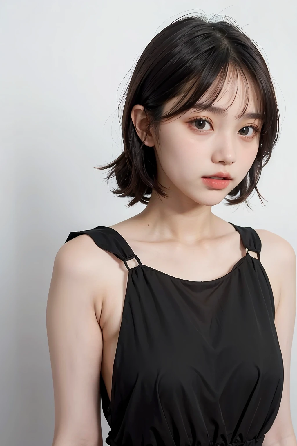 masterpiece, 1 beautiful girl, detailed eyes, puffy eyes, best quality, ultra high definition, (reality: 1.4), original photo, 1girl, cinematic lighting, Japan, asian beauty, korean, super beautiful, beautiful skin, slender, body facing front, (ultra-realistic), (high resolution), (8K), (very detailed), (best illustration), (beautifully detailed eyes), (ultra detailed) , detailed face, looking at the viewer, facing straight ahead, neat clothes, sleeveless, short hair, black hair, 46 points diagonal bangs, room based on white background tone, neat atmosphere,