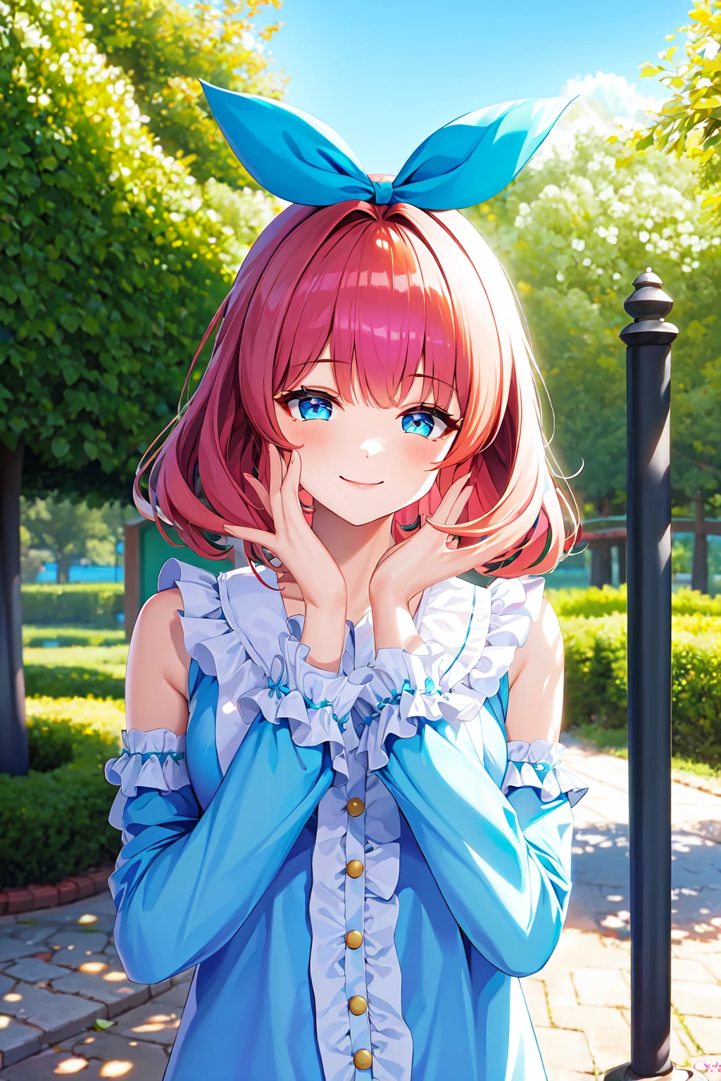 best quality, ultra-detailed, (1girl, solo, <lyco:hair_bow_top_of_head-v1:1>, hrbwontoh, hair bow, wide sleeves frilled shirt, sleeves past wrists ,, , smile, ), under a gazebo