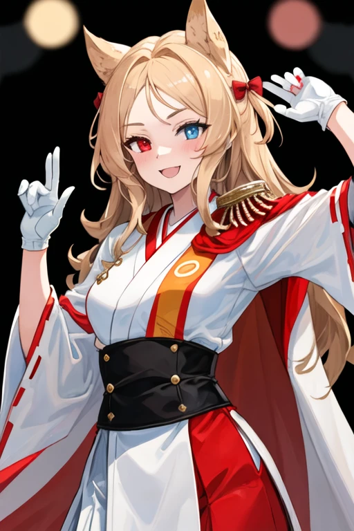 best quality, masterpiece, highres, solo, {white kimono:1.35}, {red hakama:1.35}, {wide sleeves:1.20}, {archetto_arknights:1.15}, long_hair, animal_ears, blonde_hair, red_eyes, blue_eyes, heterochromia, blush, smile, open_mouth, upper_body, cape, red_cape, breasts