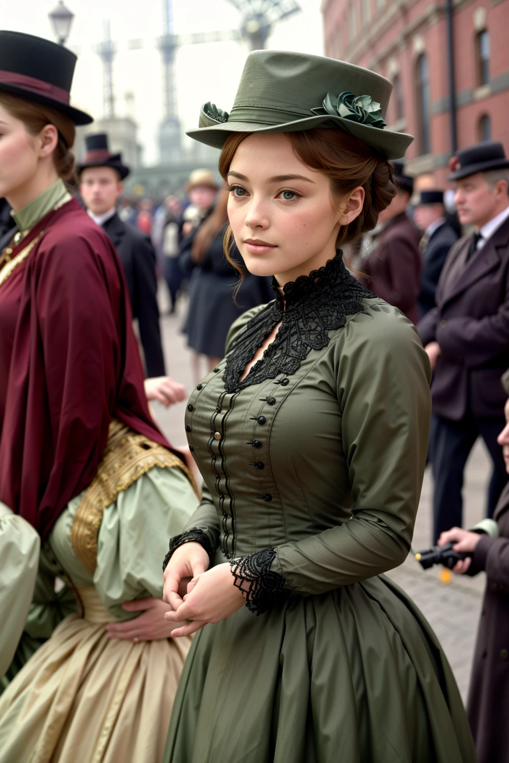 vintage color photograph of a beautiful woman wearing a dress and a hat at the Great Industrial Exposition of Berlin in 1896, detailed face, in a crowd of men, outdoors, Main Industry Building in background, <lora:1890_dress_v1:1> 1890_dr3ss