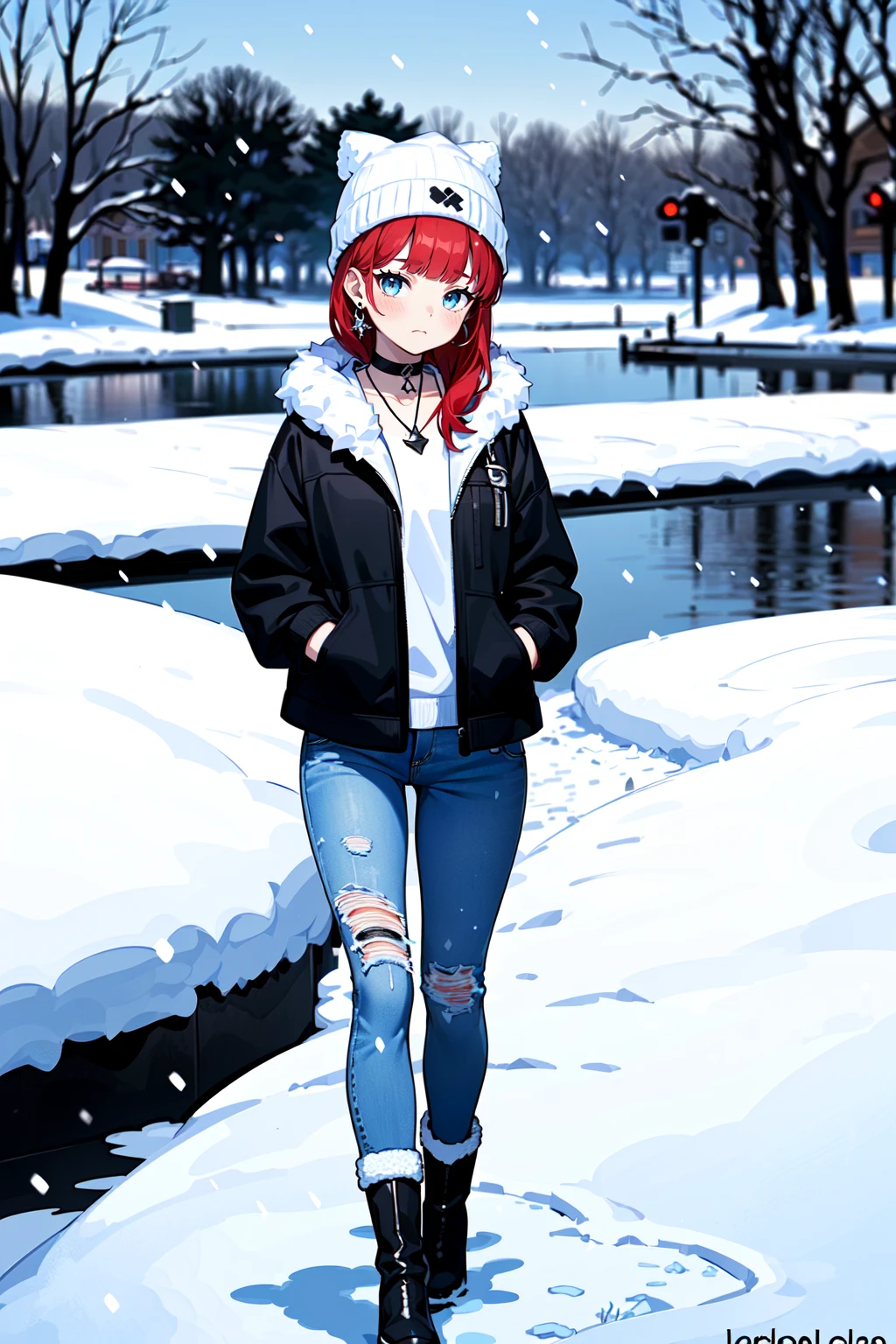 (best quality, masterpiece:1.1), full body, (1female), sad face, crimson hair, very long hair, blunt bangs, pixie cut, bar earrings, black faux fur jacket, distressed boyfriend jeans, white ankle boots, black beanie hat, silver choker necklace, ( lake of the isles in minneapolis, (winter day, snow, white particles, snowing), peaceful),