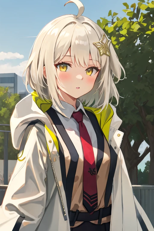best quality, masterpiece, highres, solo, {scene_arknights:1.15}, bangs, ahoge, hair_ornament, short_hair, yellow_eyes, necktie, red_necktie, one_side_up, upper_body, closed_mouth, vest, brown_vest, blush, 1girl, collared_shirt, hood, hood_down, hooded_jacket, jacket, shirt, white_shirt, open_clothes, open_jacket, parted_lips, white_jacket, looking_at_viewer, outdoors