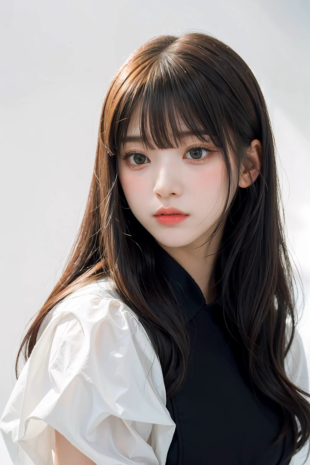 1girl,hair with bangs,black long dress, ,white background, <lora:Jiwoo_NMIXX-02:1>