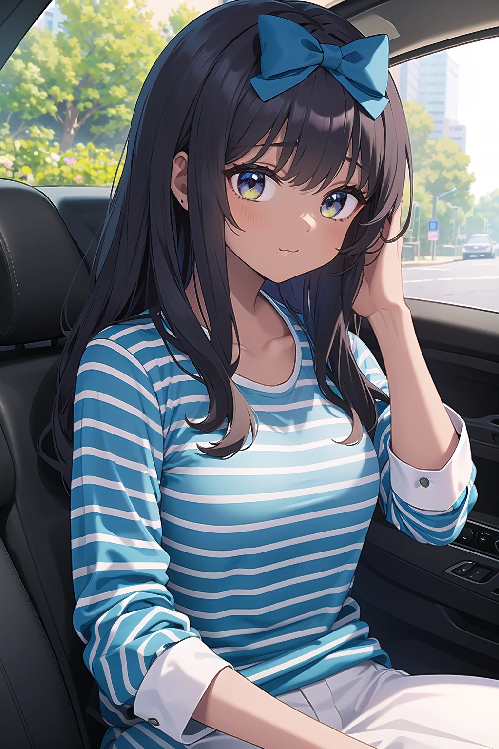 best quality, ultra-detailed, (1girl, solo, <lyco:hair_bow_front_of_head-v1:1>, hrbwonfoh, hair bow, striped shirt ,dark skin , long hair, :3, ), in a car