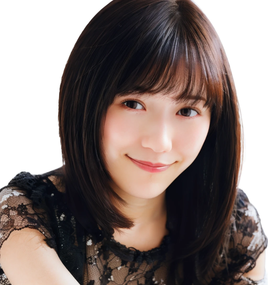 best quality, ultra high res, realistic, (white background:1.6), looking at viewer, upper body, bangs, smile, closed mouth, medium hair, long hair,