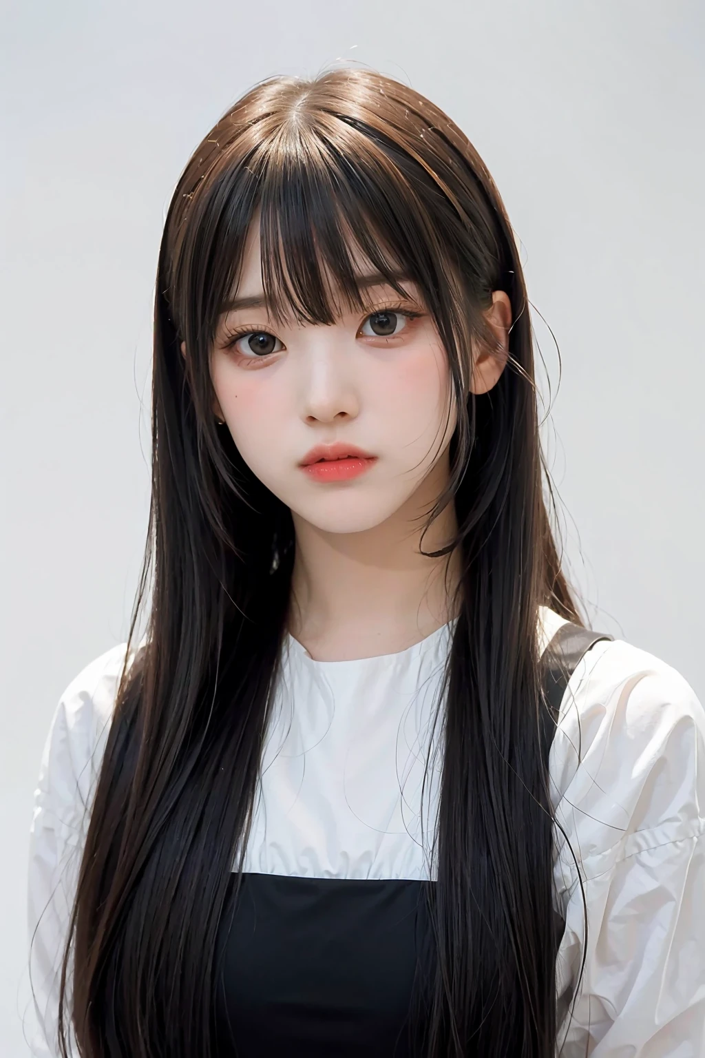 1girl,hair with bangs,black long dress, ,white background, <lora:Jiwoo_NMIXX-02:1>