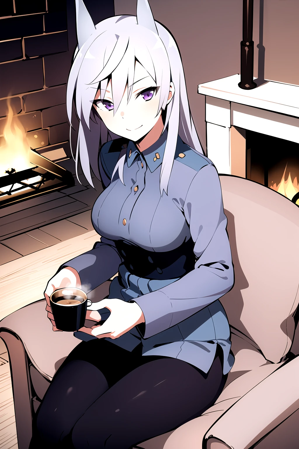 masterpiece, 1girl, aurora e. juutilainen, standing, purple eyes, animal ears, long silver hair, military outfit, black pantyhose, smile, fireplace, sitting, armchair, holding, coffee cup, steam, cozy, soft, log cabin, rug