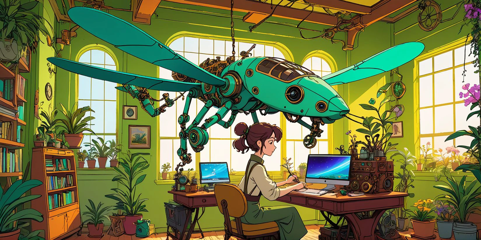 candid view of sketch, ghibli, Architectural Digest photo of a maximalist pale green vaporwave/steampunk/solarpunk workshop of engineer 1girl working on intricate steampunk hanging gigantic robotic flybug  plane, cablage, computers, living room with lots of flowers and plants, golden light, warm, cosy place, award winning masterpiece with incredible details, epic stunning,