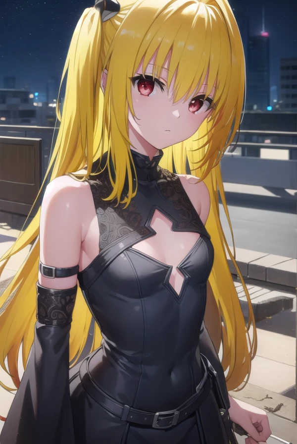 toloveruyami, <lora:yami darkness-lora-nochekaiser:1>,
yami, (yellow hair:1.5), long hair, (red eyes:1.5), (hair ornament:1.2), two side up, (small chest:1.2),
BREAK sleeveless, detached sleeves, dress, black dress, black skirt, clothing cutout, cleavage cutout,
BREAK outdoors, night, sky, star \(sky\), moon,
BREAK looking at viewer, (cowboy shot:1.5),
BREAK <lyco:GoodHands-beta2:1>, (masterpiece:1.2), best quality, high resolution, unity 8k wallpaper, (illustration:0.8), (beautiful detailed eyes:1.6), extremely detailed face, perfect lighting, extremely detailed CG, (perfect hands, perfect anatomy),