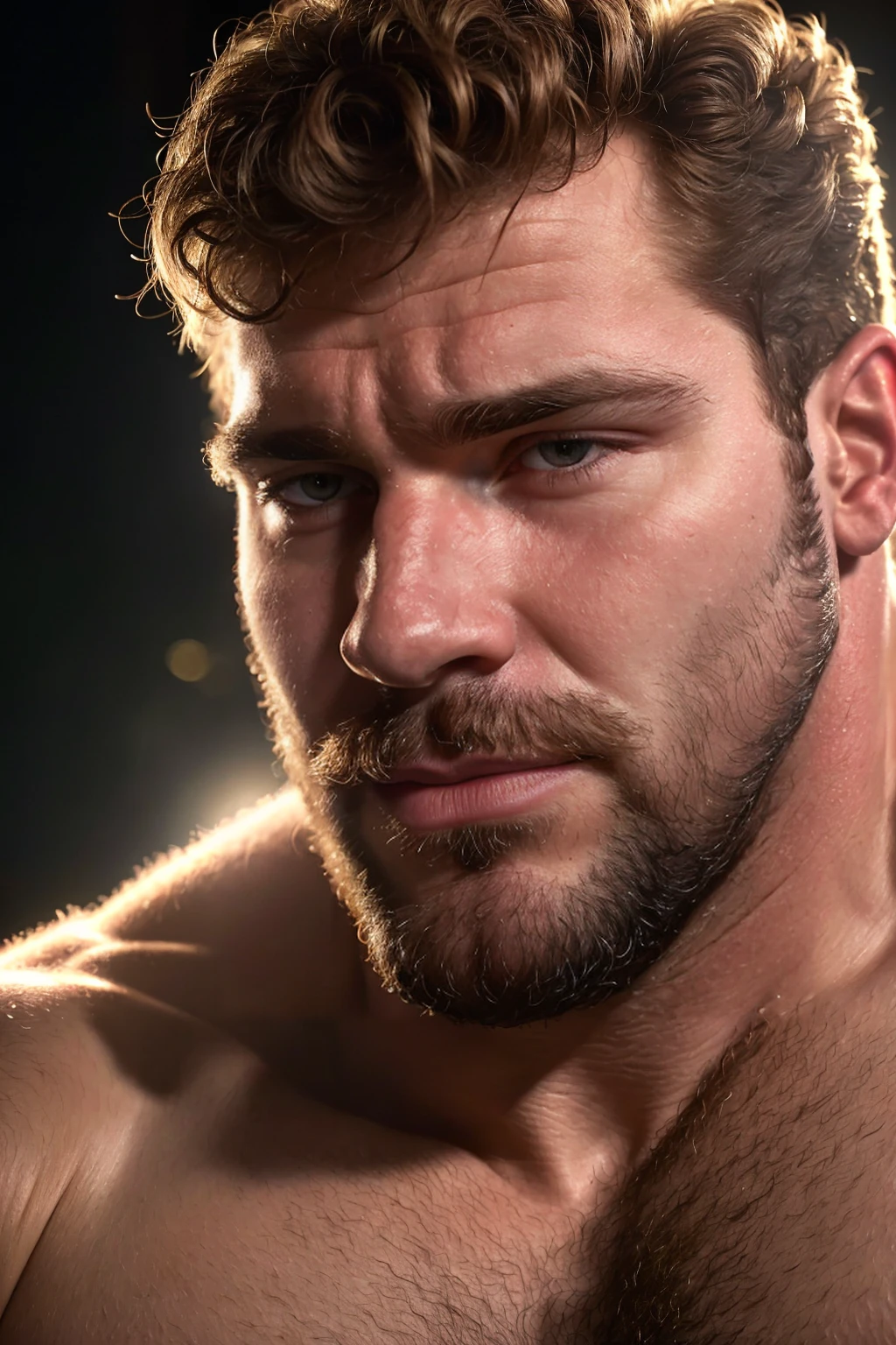 extreme close-up, close-up on face, solo, male, 24yo strongman, beefy, (hairy, hirsute),  romantic, handsome, (sharp focus, soft lighting, film photography, photorealistic, hyperreal),