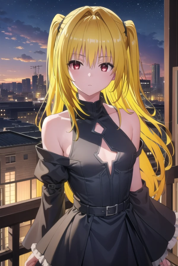 toloveruyami, <lora:yami darkness-lora-nochekaiser:1>,
yami, (yellow hair:1.5), long hair, (red eyes:1.5), (hair ornament:1.2), two side up, (small chest:1.2),
BREAK sleeveless, detached sleeves, dress, black dress, black skirt, clothing cutout, cleavage cutout,
BREAK outdoors, night, sky, star \(sky\), moon,
BREAK looking at viewer, (cowboy shot:1.5),
BREAK <lyco:GoodHands-beta2:1>, (masterpiece:1.2), best quality, high resolution, unity 8k wallpaper, (illustration:0.8), (beautiful detailed eyes:1.6), extremely detailed face, perfect lighting, extremely detailed CG, (perfect hands, perfect anatomy),
