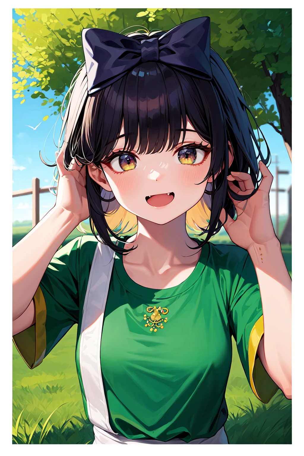 best quality, ultra-detailed, (1girl, solo, <lyco:hair_bow_front_of_head-v1:1>, hrbwonfoh, hair bow, border shirt ,dark skin , , smile fang, ), on a farm