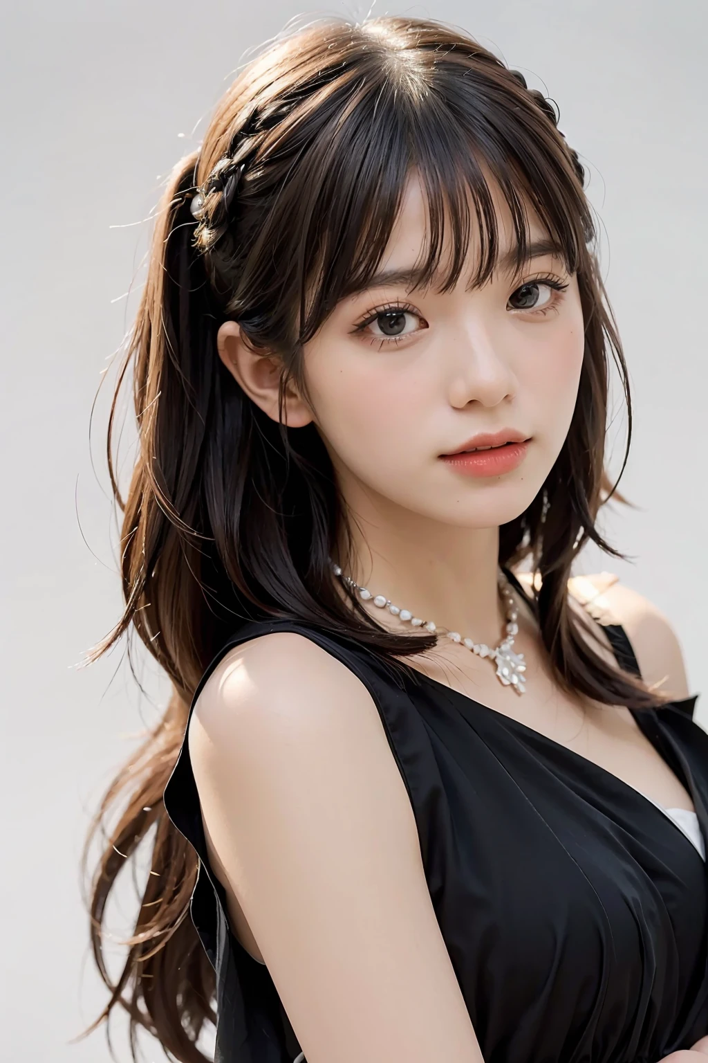 1girl,hair with bangs,black long dress,white background, <lora:WeeBNK48-04:1>