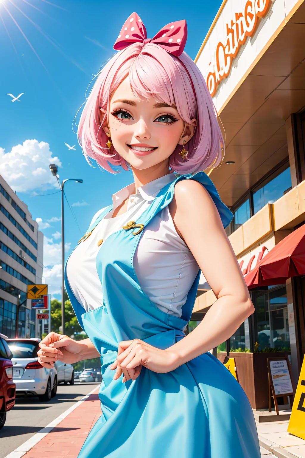 best quality, ultra-detailed, (1girl, solo, <lyco:hair_bow_top_of_head-v1:1>, hrbwontoh, hair bow, pinafore dress, white blouse ,, short hair, smile, ), at a casino